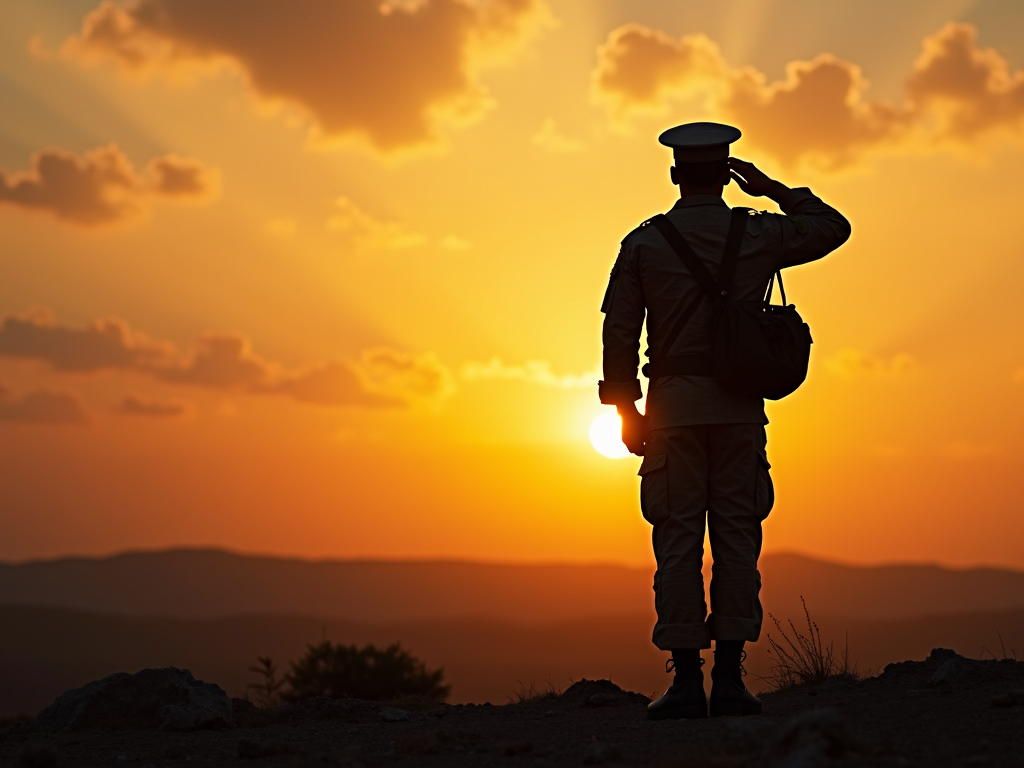 Soldier saluting at sunset.