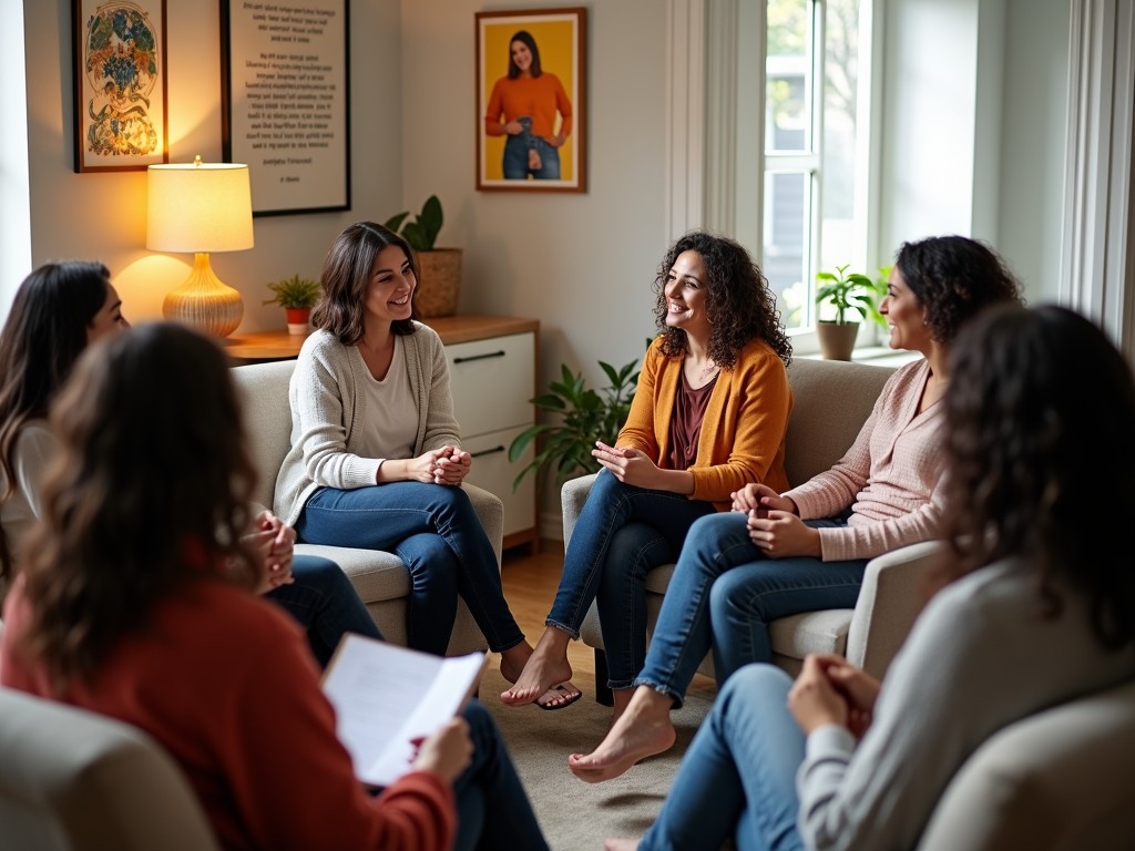 A group of women sitting in a circle in a cozy room sharing their experiences of fertility hormone therapy.