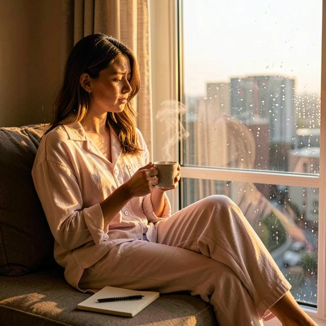Woman reflecting during early morning with tea and journal, symbolizing emotional introspection in infertility journey