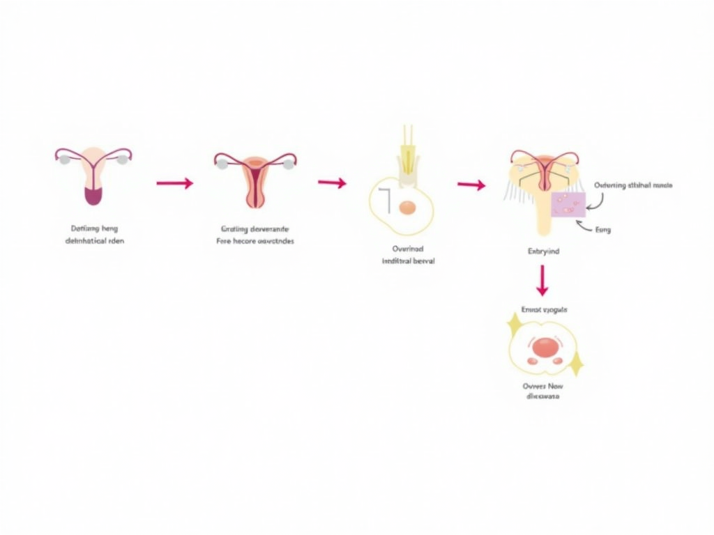 IVF process illustration showing ovarian stimulation, egg retrieval, fertilization, and embryo transfer with medication focus