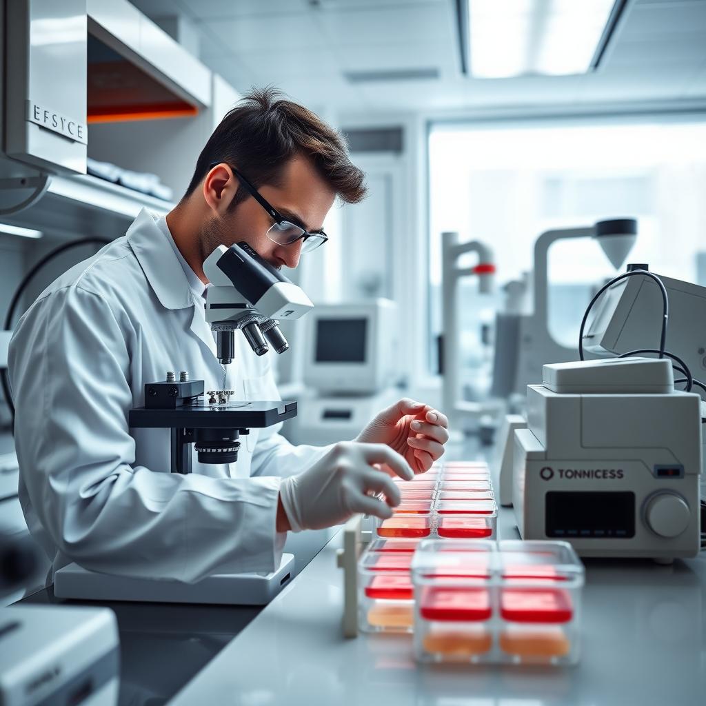 A scientist works in a high-tech fertility lab, handling petri dishes under a microscope.