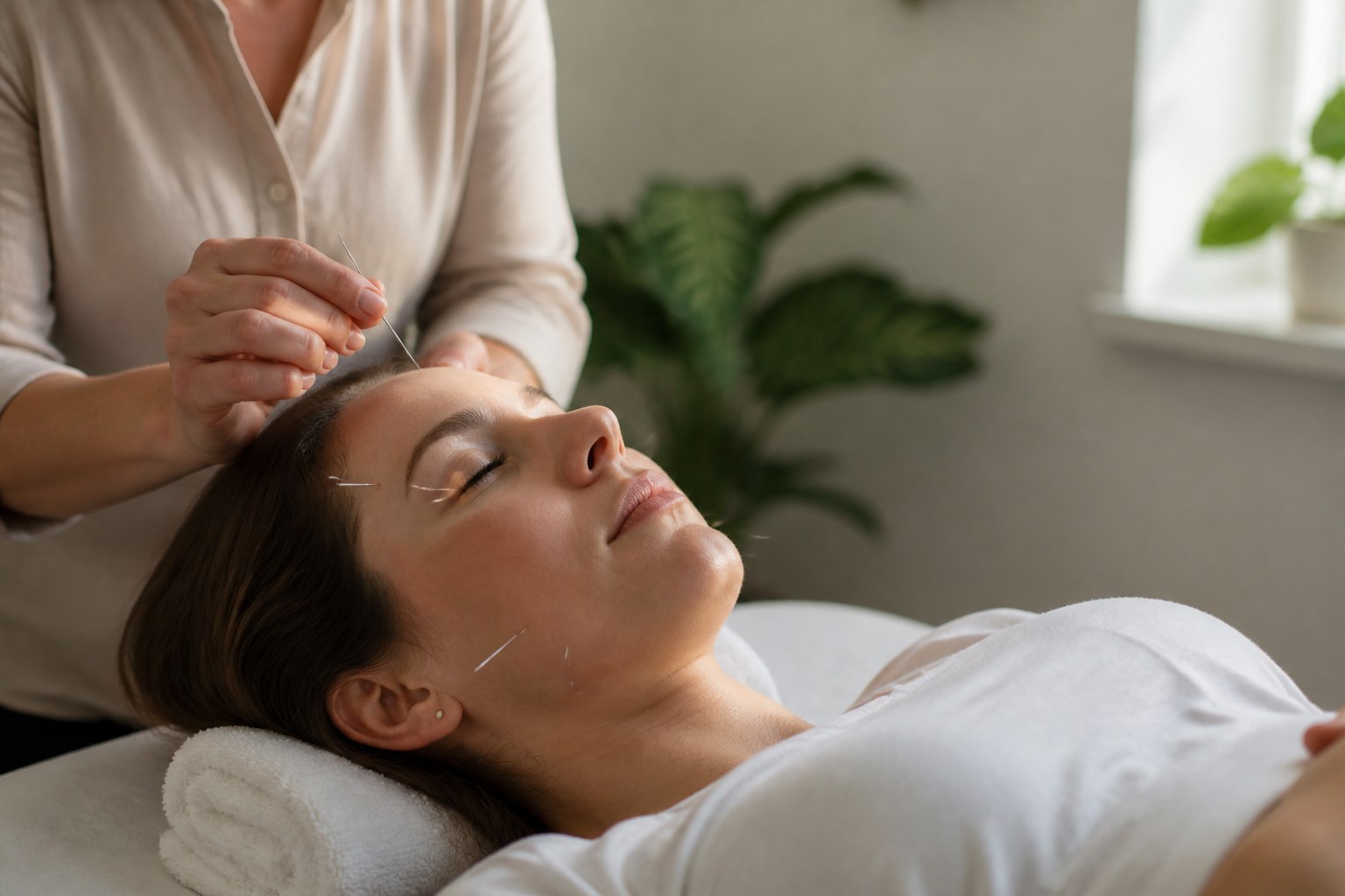 Woman receiving acupuncture during a fertility treatment session
