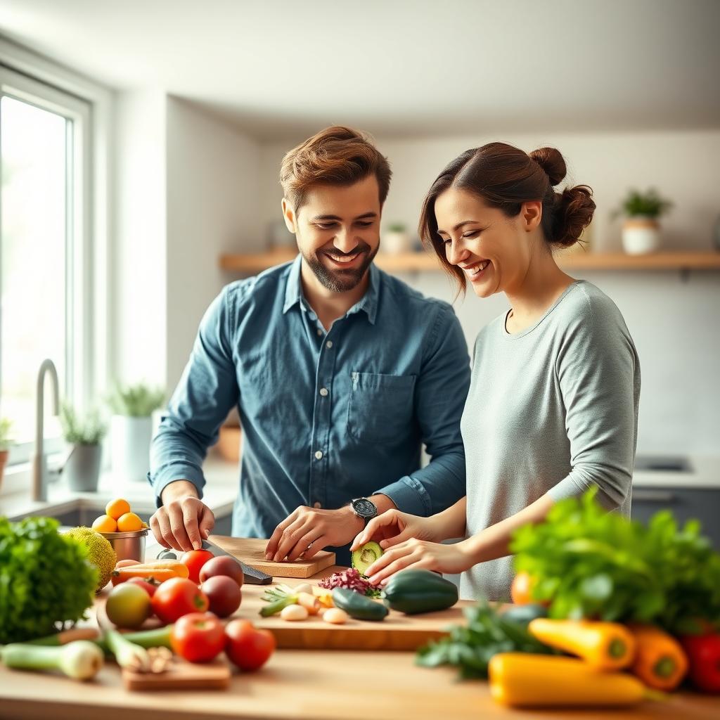 A couple prepares a healthy meal together in a bright kitchen.