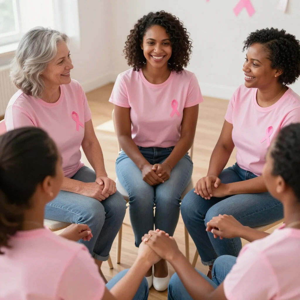 Group of diverse breast cancer survivors supporting each other