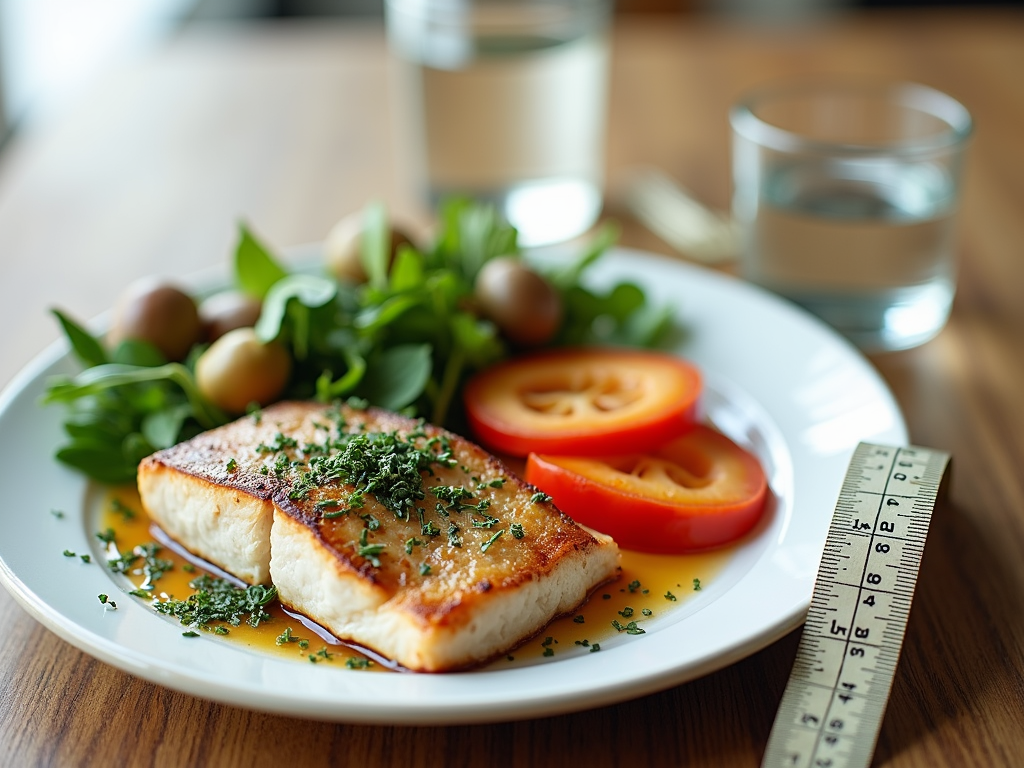 A setup showing a PCOS-friendly meal and tools for weight management.