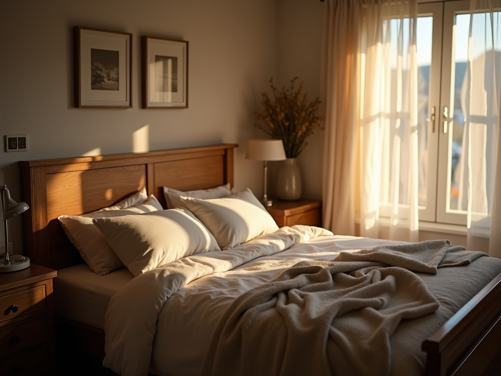 A peaceful bedroom setting with soft lighting and an inviting bed.