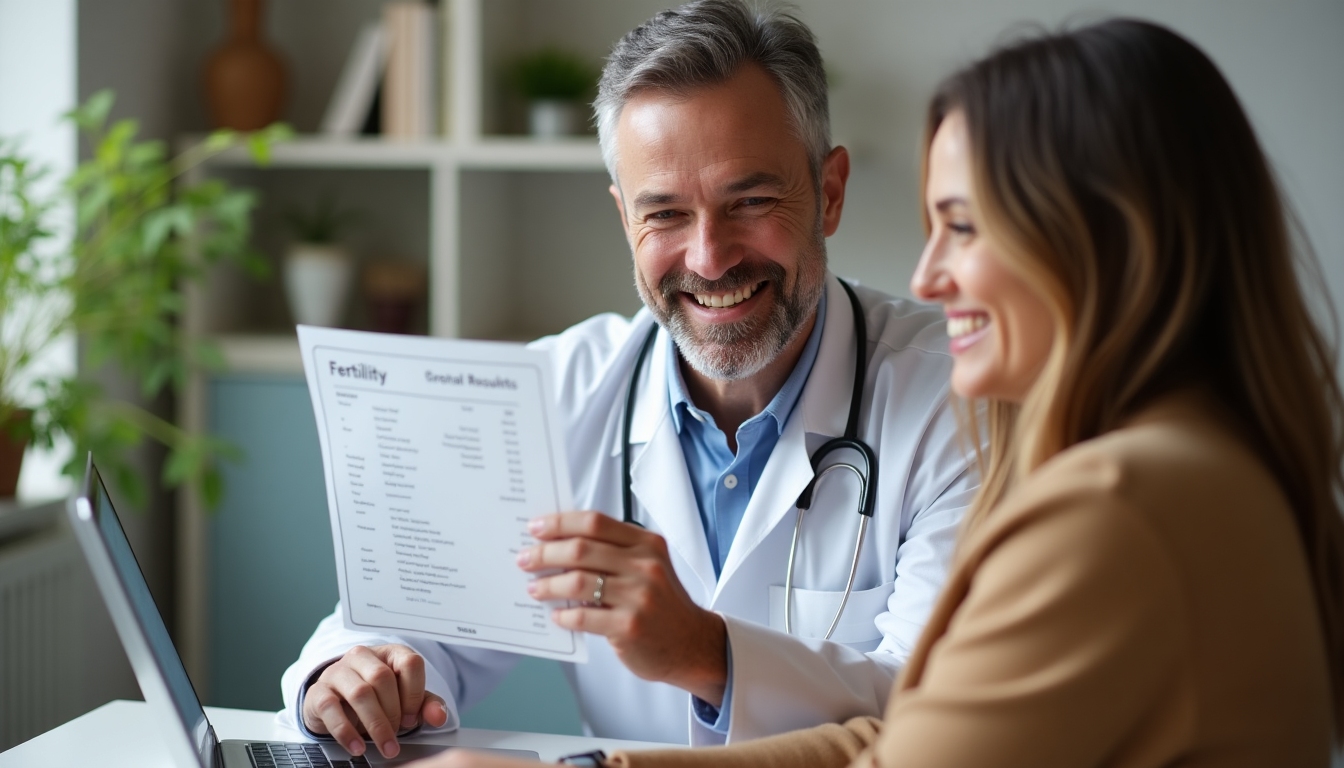 A fertility specialist guiding a patient through test results on a computer screen
