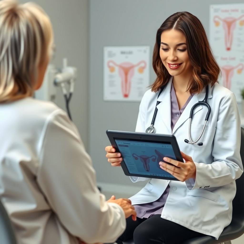 Female doctor discussing endometriosis diagnosis with a patient in a clinic