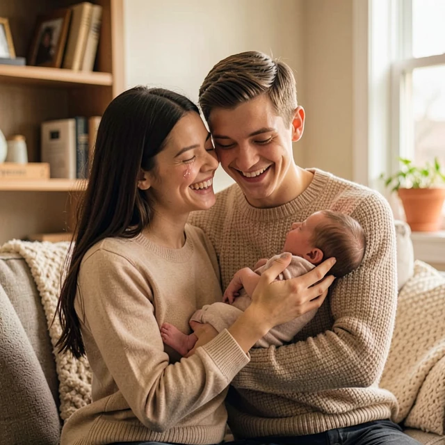 Happy couple embracing their newborn after successful fertility treatment