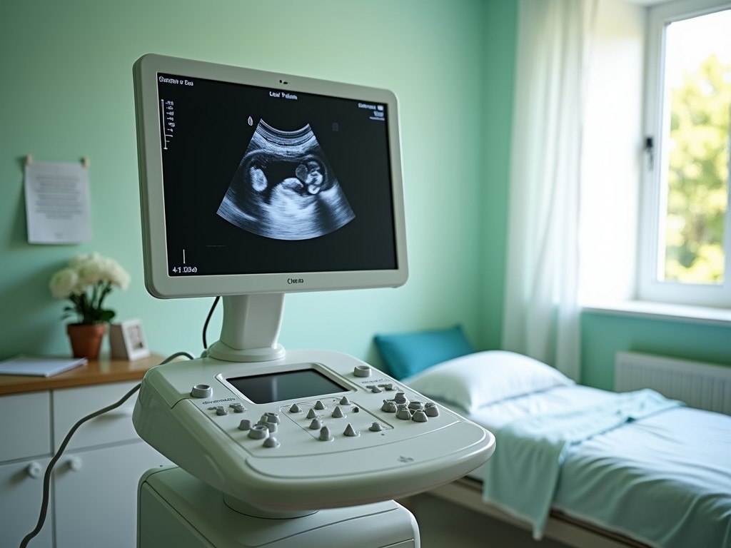 Ultrasound equipment in a medical room setting.