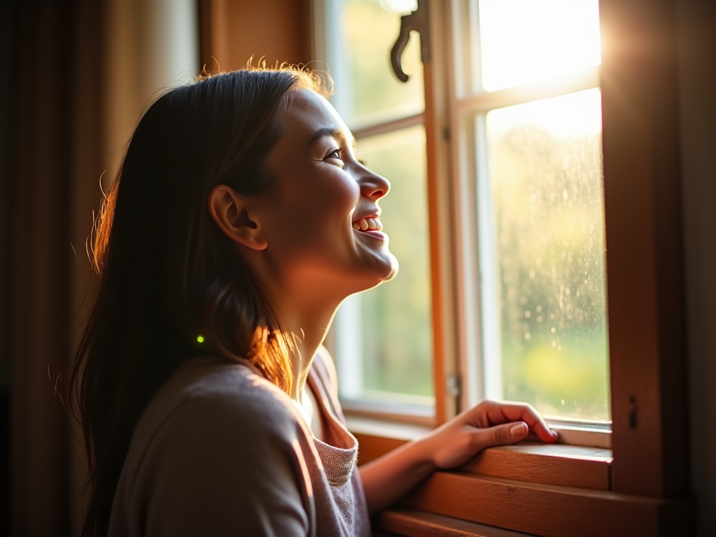 A person gazing hopefully out a window, finding light amid their infertility journey.