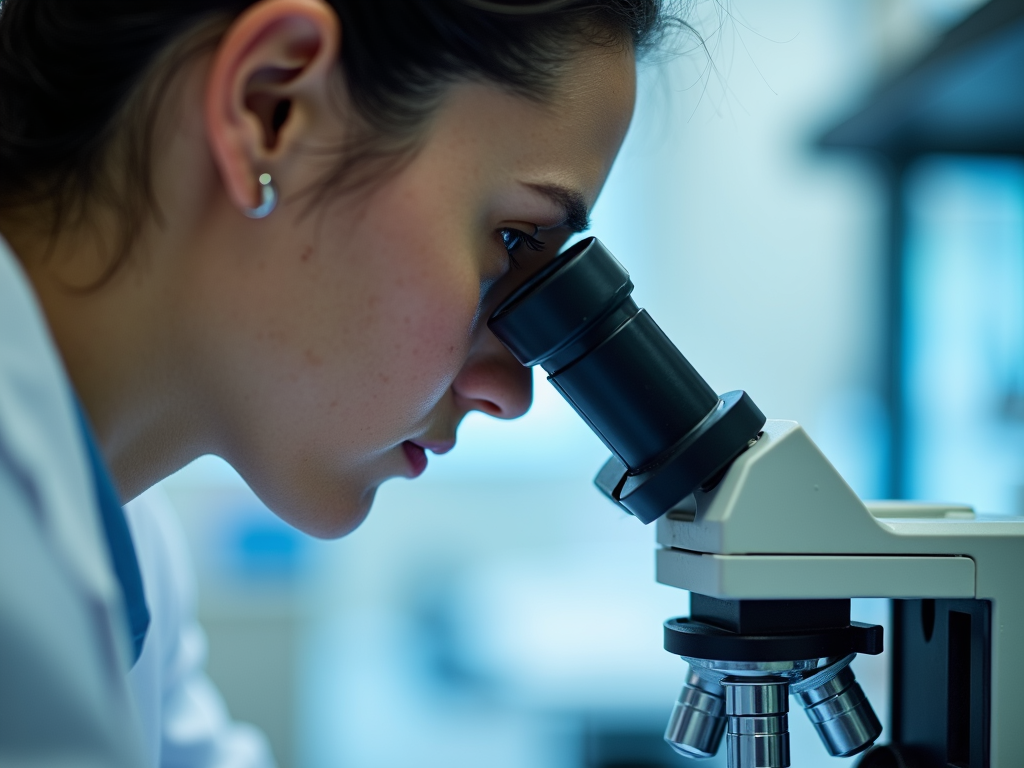 Lab technician examining a fertility sample with a microscope.