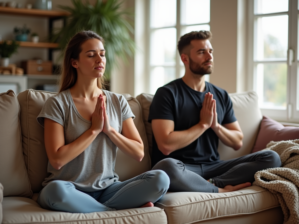 Couple doing deep breathing exercise at home