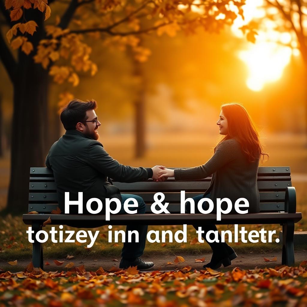 A couple talks intimately on a park bench during autumn.