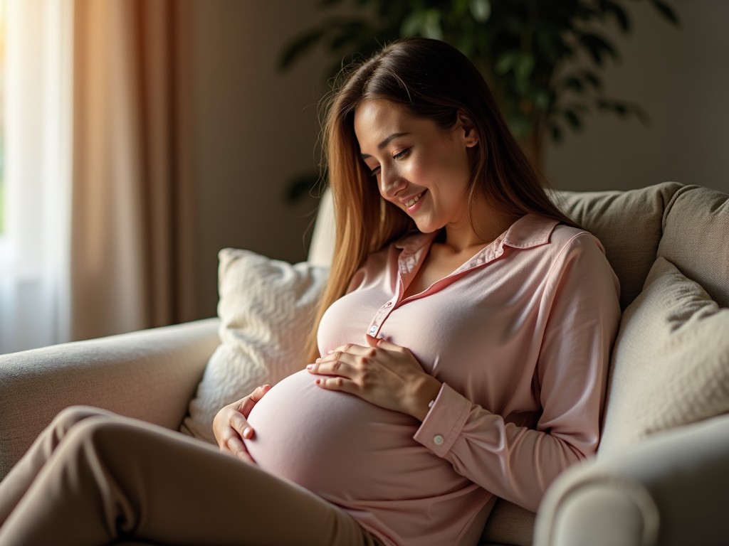 Happy expectant mother touching her pregnant belly, sitting on a couch at home, with a smile.