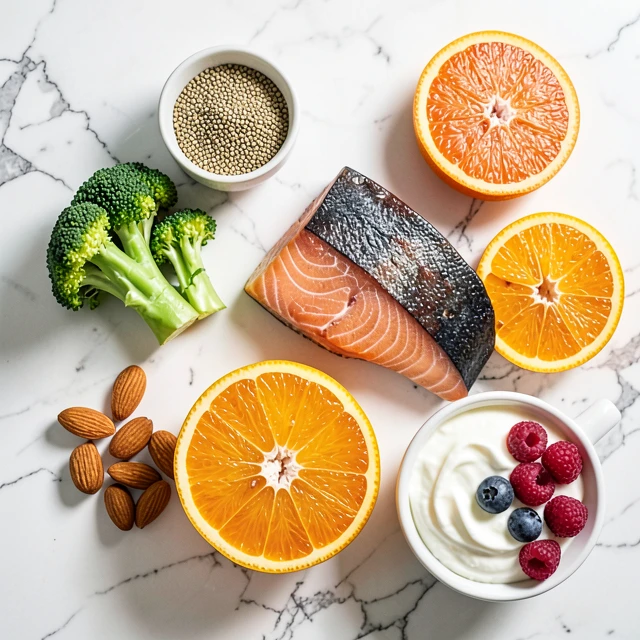 Assortment of nutrient-rich foods that support hormonal balance and fertility