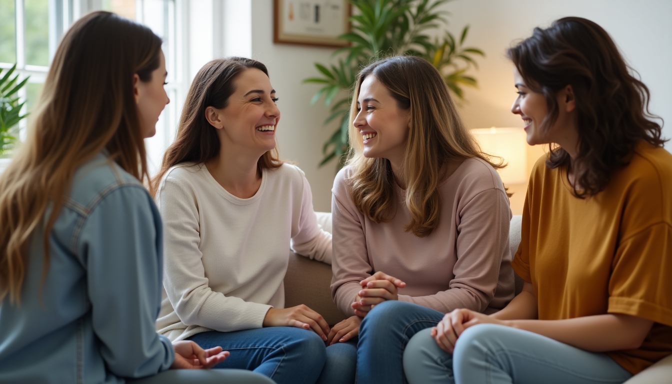 A diverse group of women supporting each other in a fertility clinic.