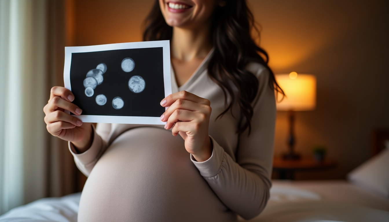 An expectant mother looking lovingly at a sonogram of her children.