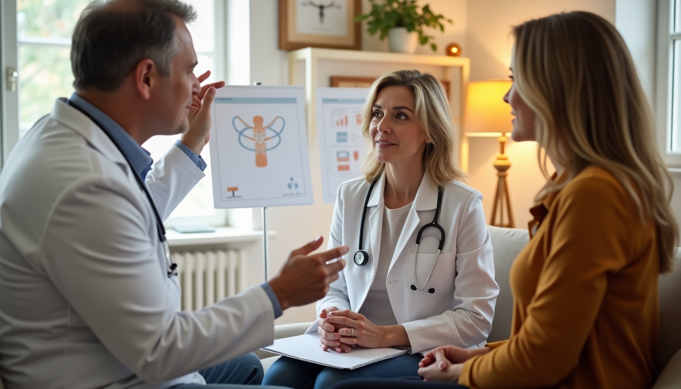 A doctor explaining fertility preservation options to a mid-aged woman, both having a professional discussion in a bright medical office.
