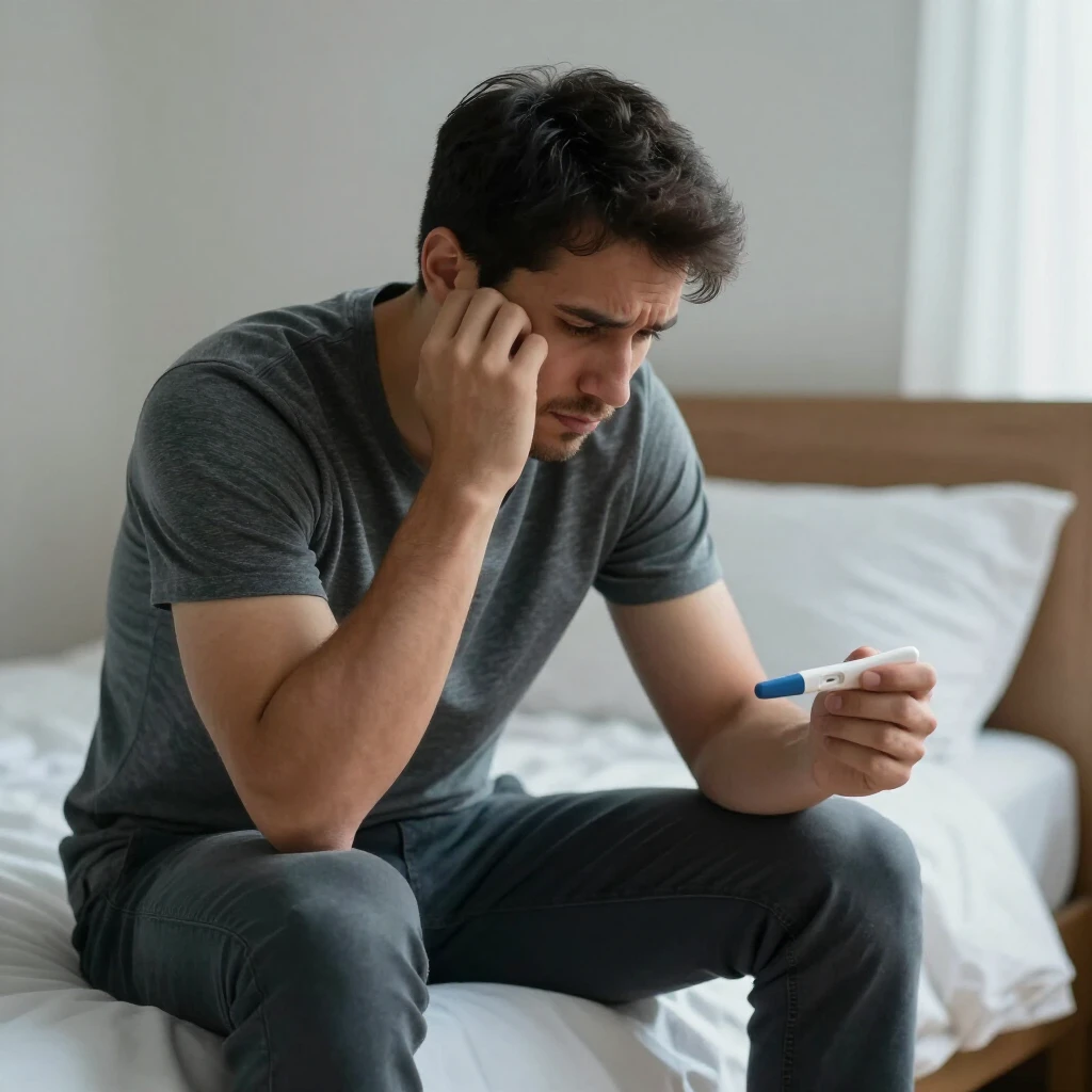 Man reflecting on negative pregnancy test, symbolizing the emotional start of an infertility journey