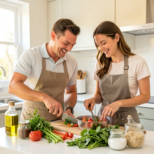 Couple cooking a fertility-friendly meal together at home