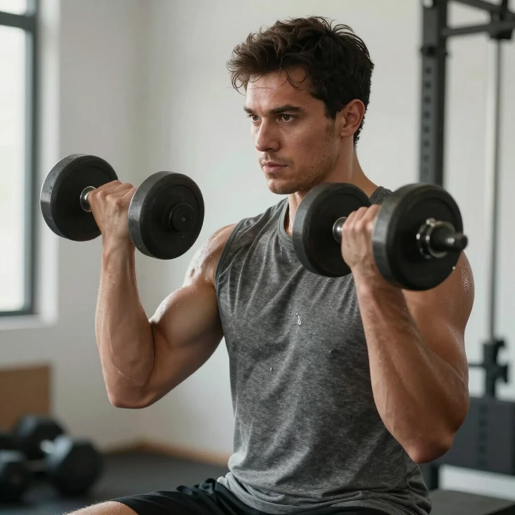 Man performing moderate weight training with dumbbells in a home gym