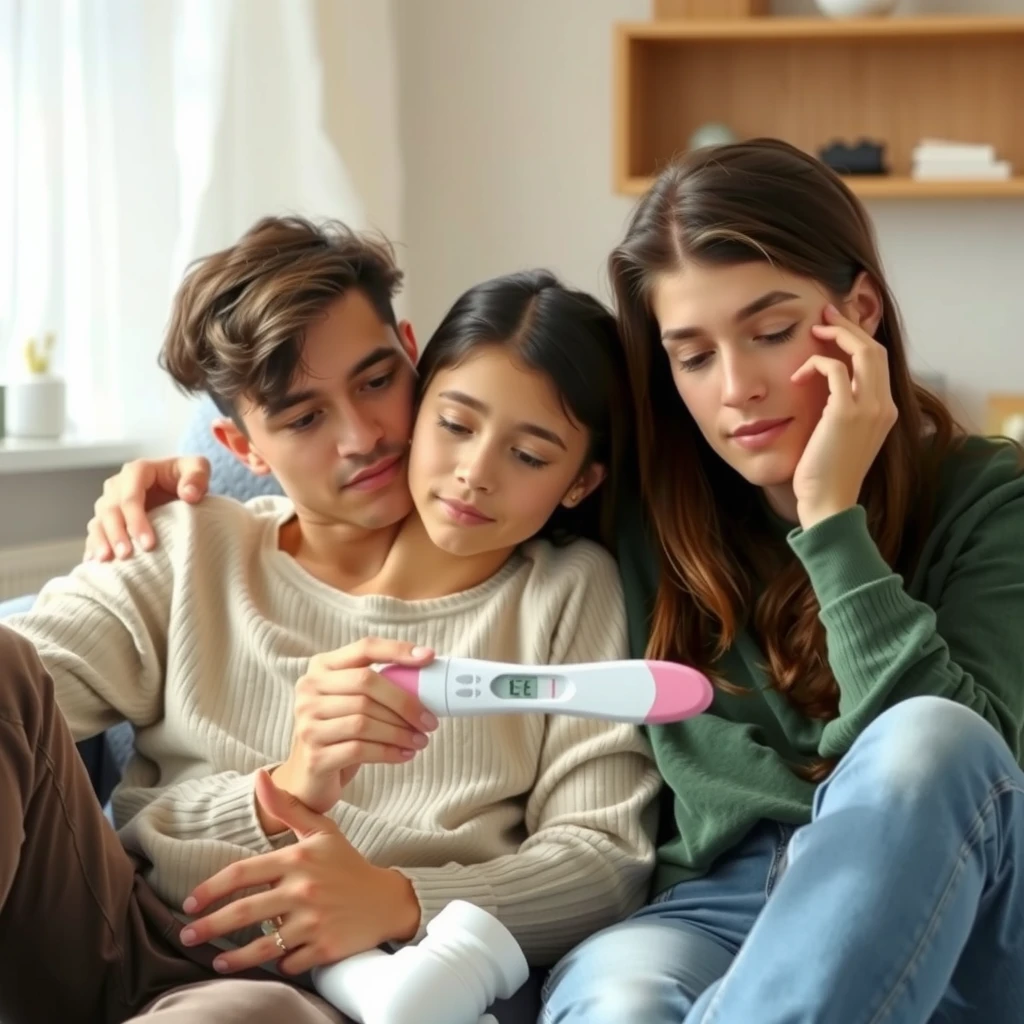 A young couple sitting together on a couch, holding a negative pregnancy test, with a thoughtful and emotional expression in a softly lit living room