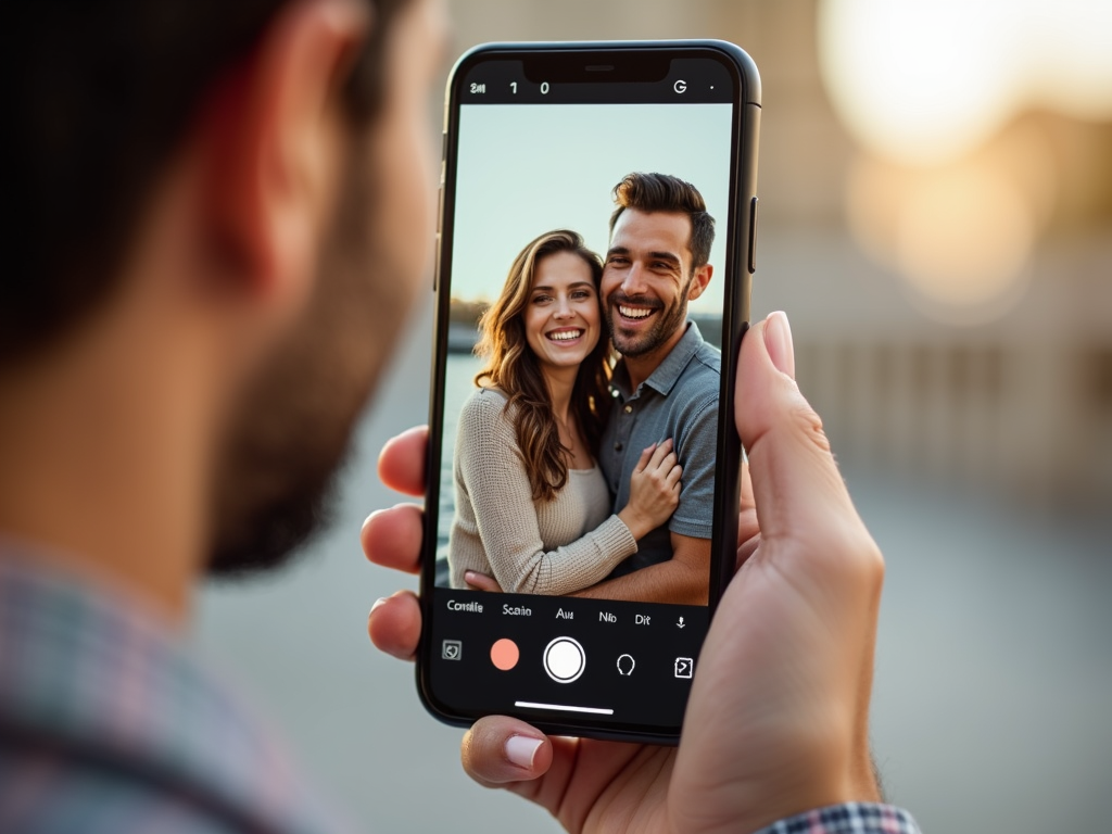 Smartphone with photo filter app enhancing a couple’s photo
