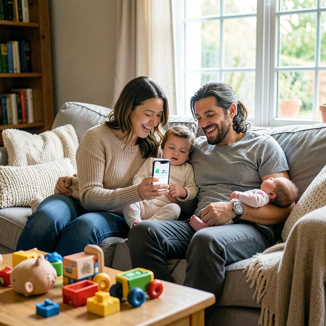New parents reviewing financial app together after baby arrival