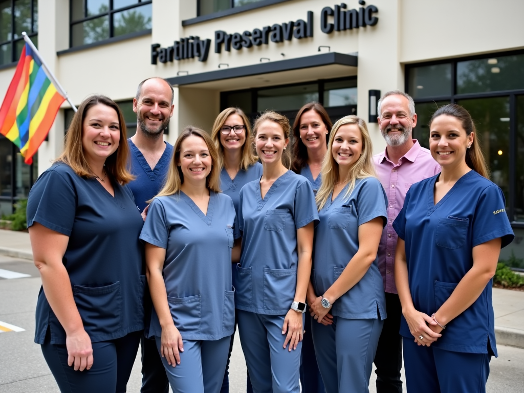 Staff at an LGBTQ+-friendly fertility preservation clinic standing proudly outside.