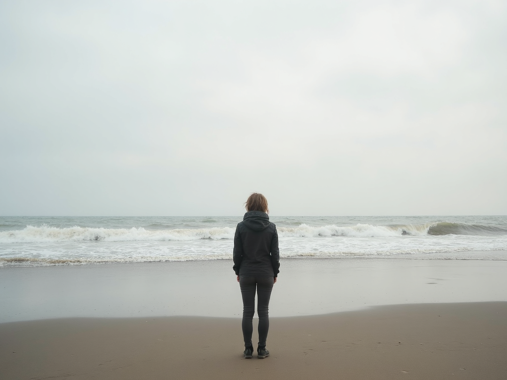 A person reflecting by the ocean, capturing resilience amid struggle.