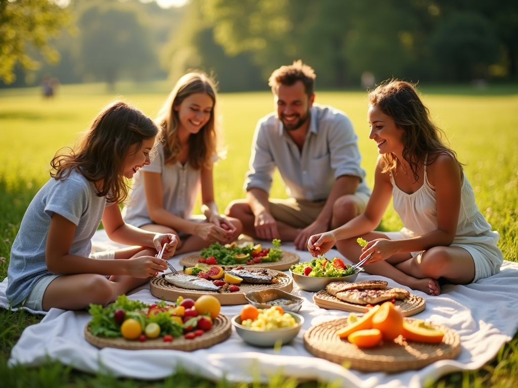A family enjoying a picnic with healthy, fertility-supporting foods.