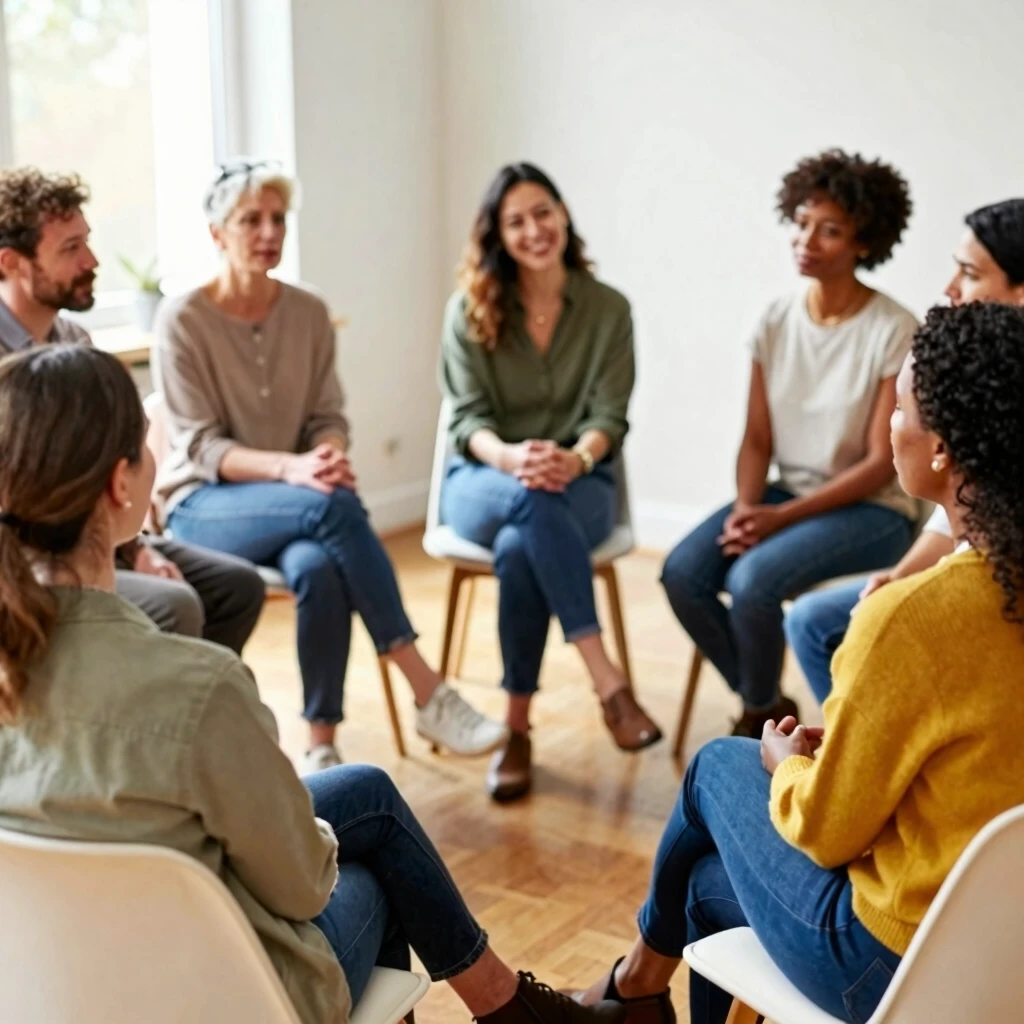 A diverse support group sitting in a circle, sharing experiences in a warm and supportive atmosphere