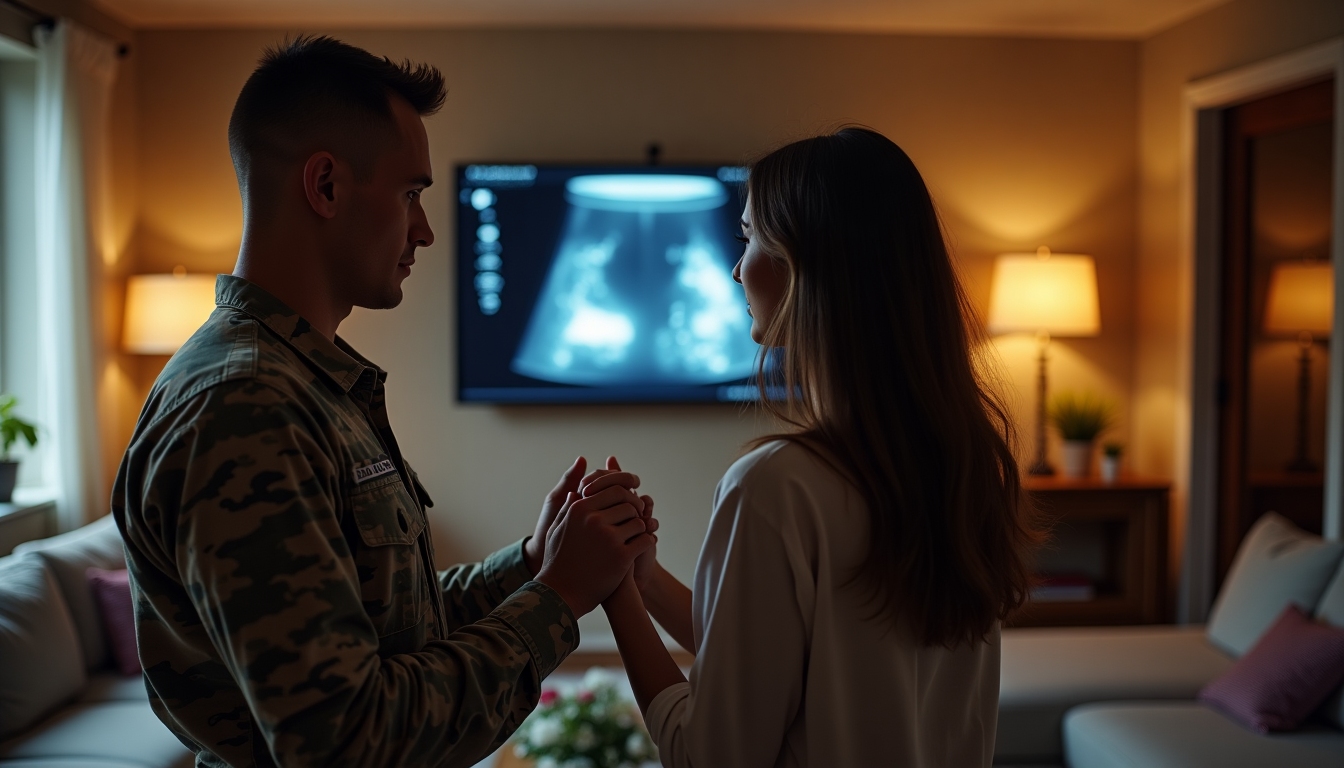 Military couple looking at a sonogram image