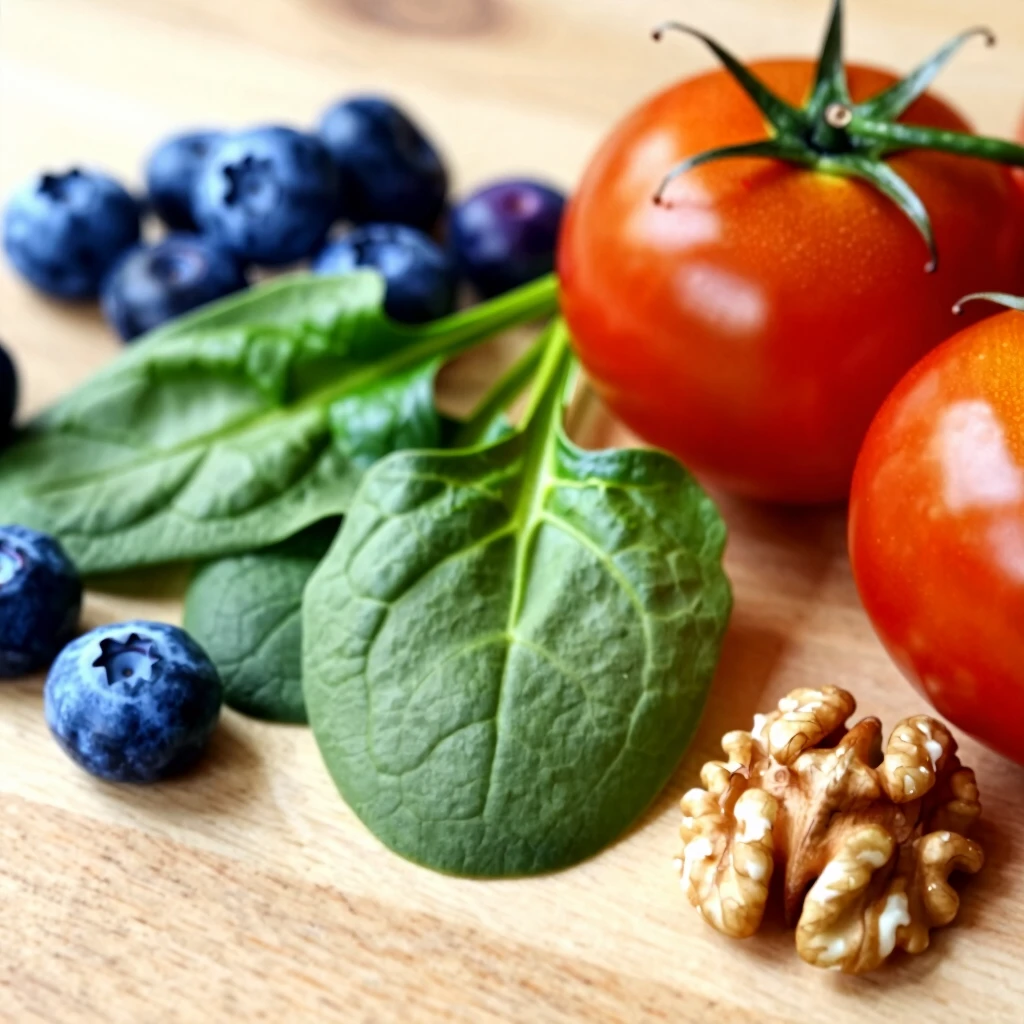 Antioxidant-rich fruits and vegetables like blueberries, spinach, tomatoes, and walnuts