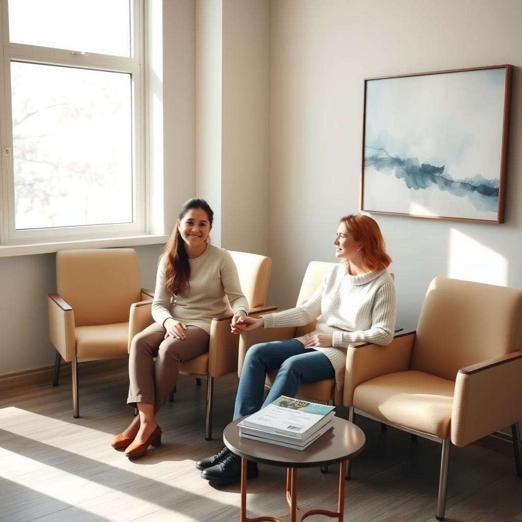 A couple in a modern fertility clinic waiting room, holding hands with a hopeful expression