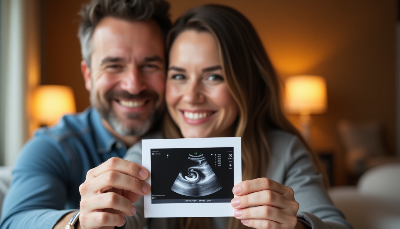 A happy couple holding an ultrasound image, smiling at each other lovingly.