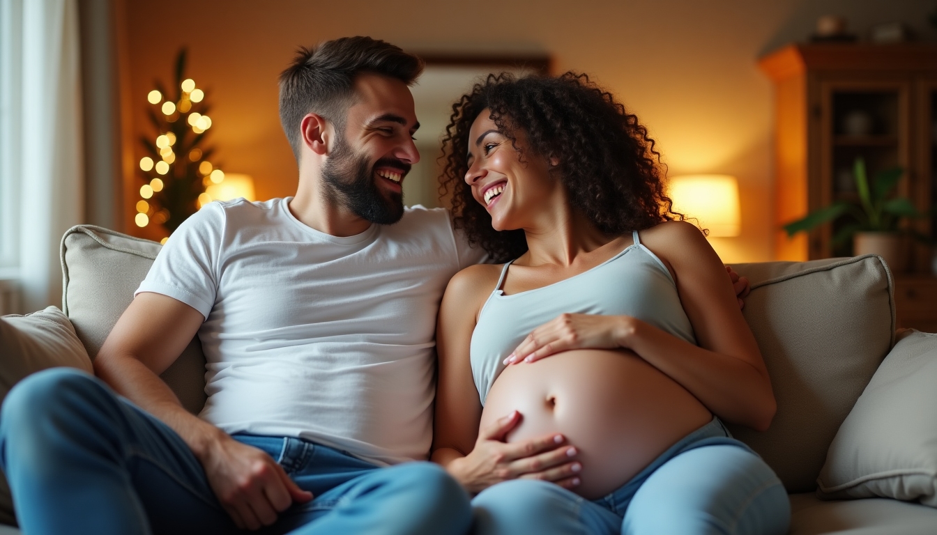 A smiling same-sex couple sharing a tender moment during pregnancy.