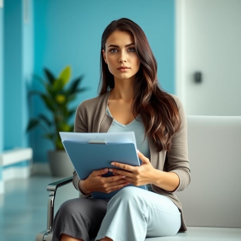 Woman sitting in a fertility clinic waiting room, holding a medical folder with a determined yet vulnerable expression