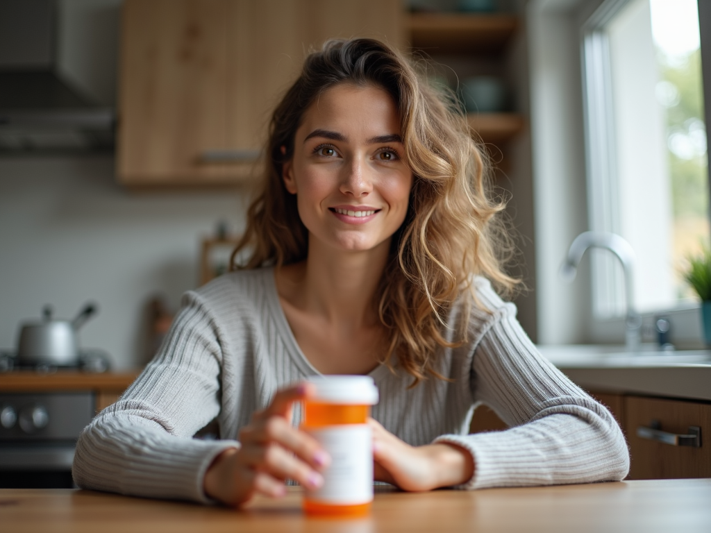 Woman holding fertility drug prescription at home