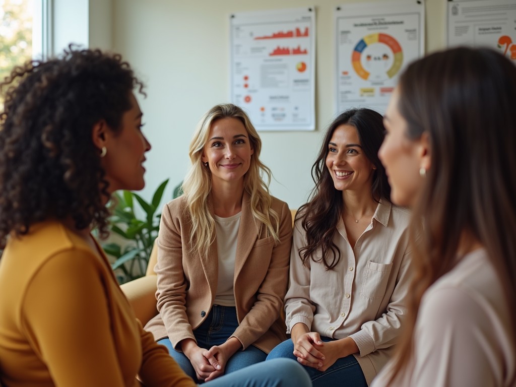A group of diverse women in a consultation room discussing fertility treatment options.