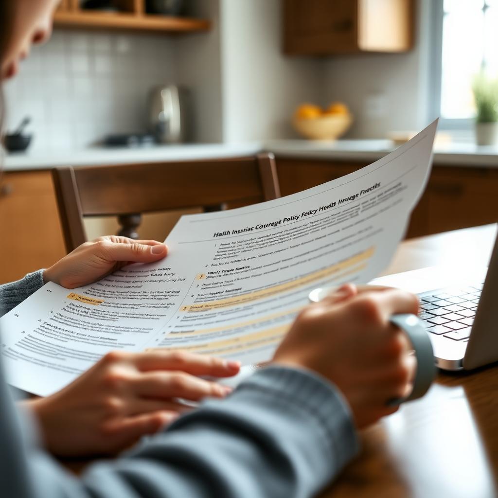 Person reviewing a health insurance policy document at a kitchen table with a coffee cup and laptop.