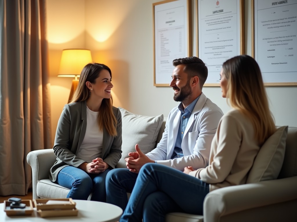 A couple consulting with a fertility specialist in a comfortable office