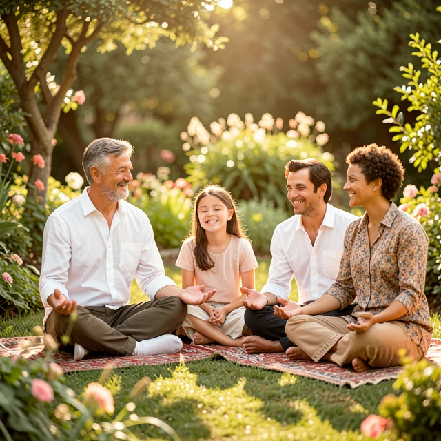 Diverse family practicing mindful meditation together in a garden