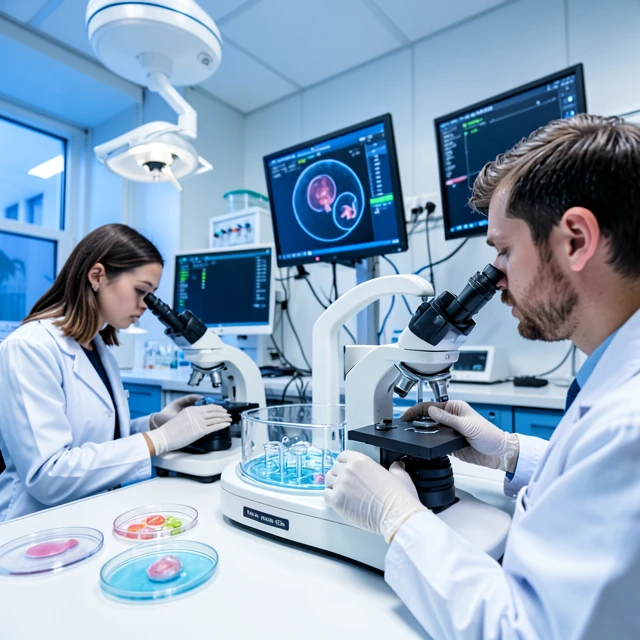 Advanced IVF laboratory showing embryologists handling eggs and embryos