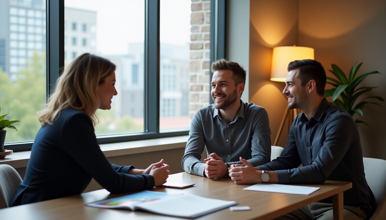 A same-sex male couple visiting a surrogacy agency, talking to a consultant.