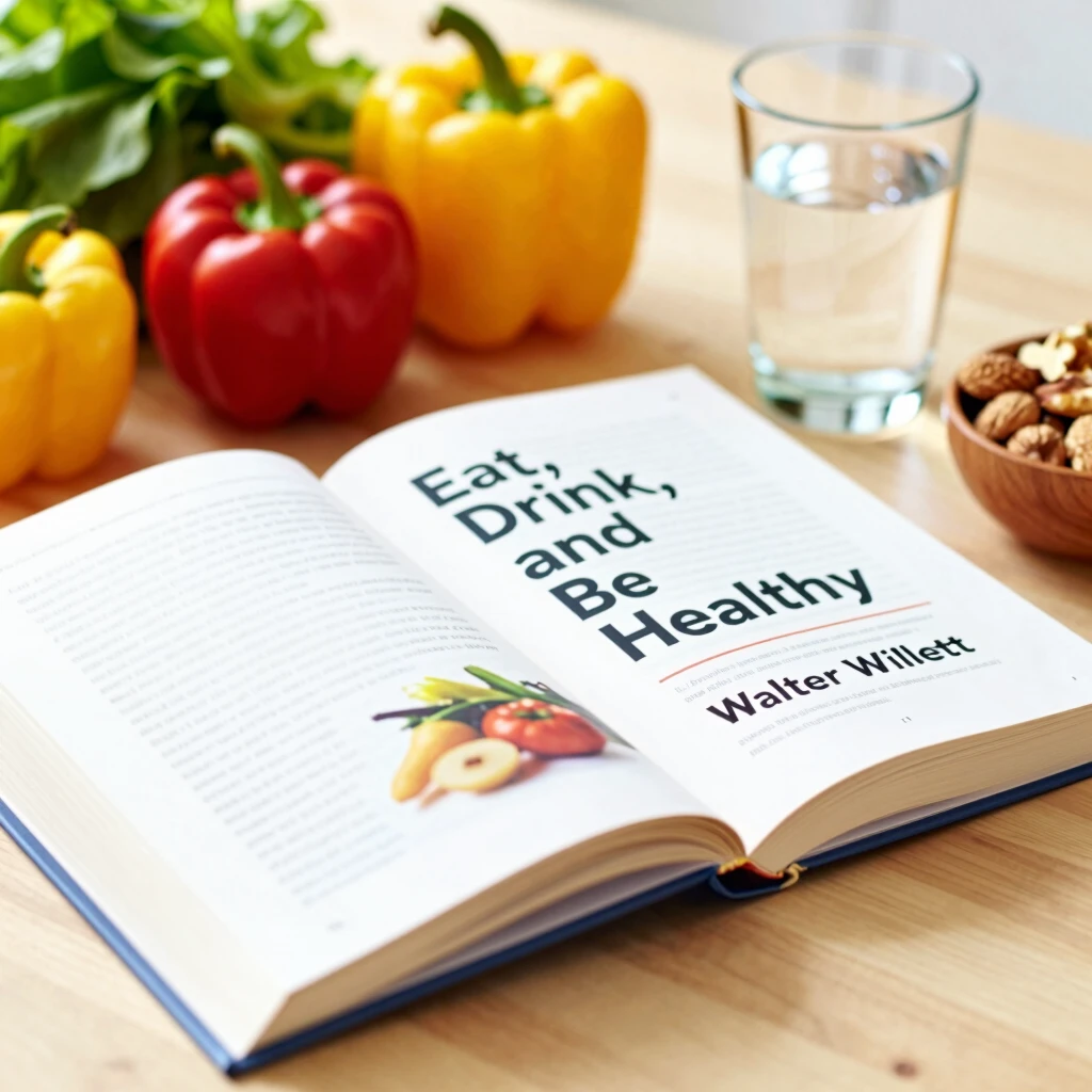 Open copy of the Harvard Medical School guide Eat, Drink, and Be Healthy surrounded by healthy foods