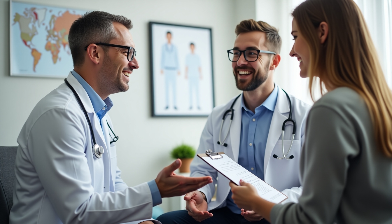 A healthcare professional explaining test results to a male patient.