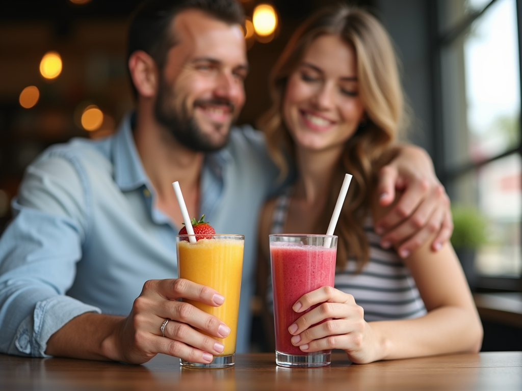 A couple opting for healthy drinks, illustrating the importance of avoiding harmful substances during IVF.