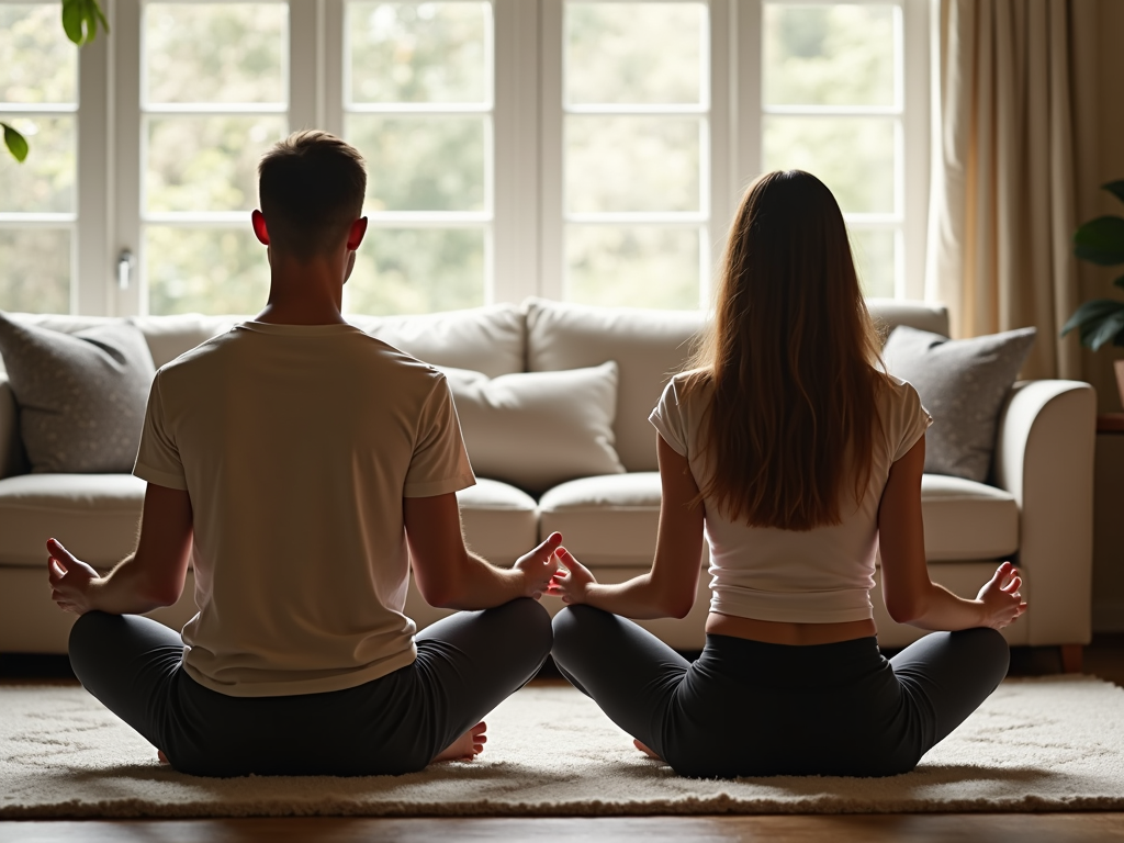 Couple meditating to reduce stress and improve conception chances.